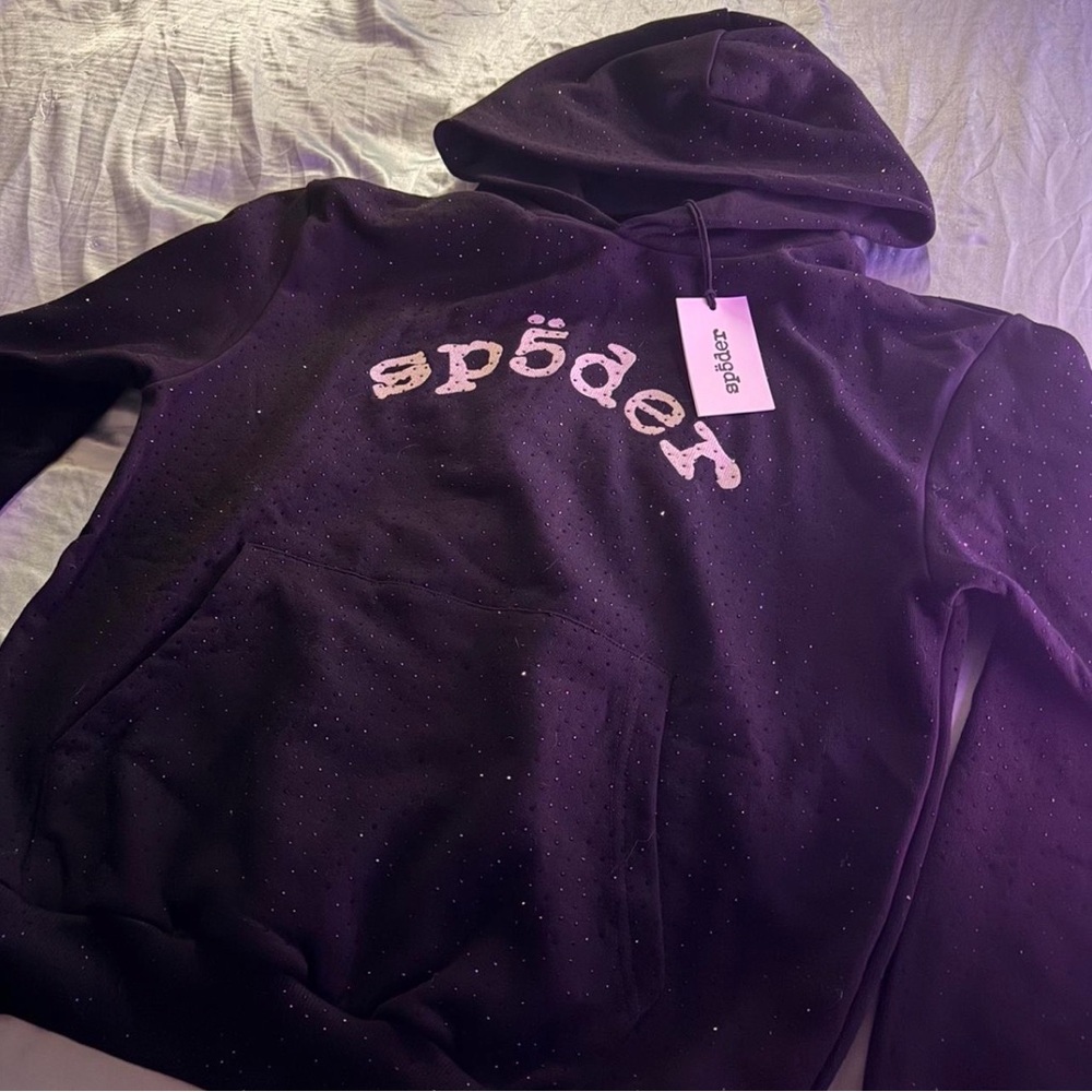 Men's Black rhinestone Sp5der Hoodie with Logo